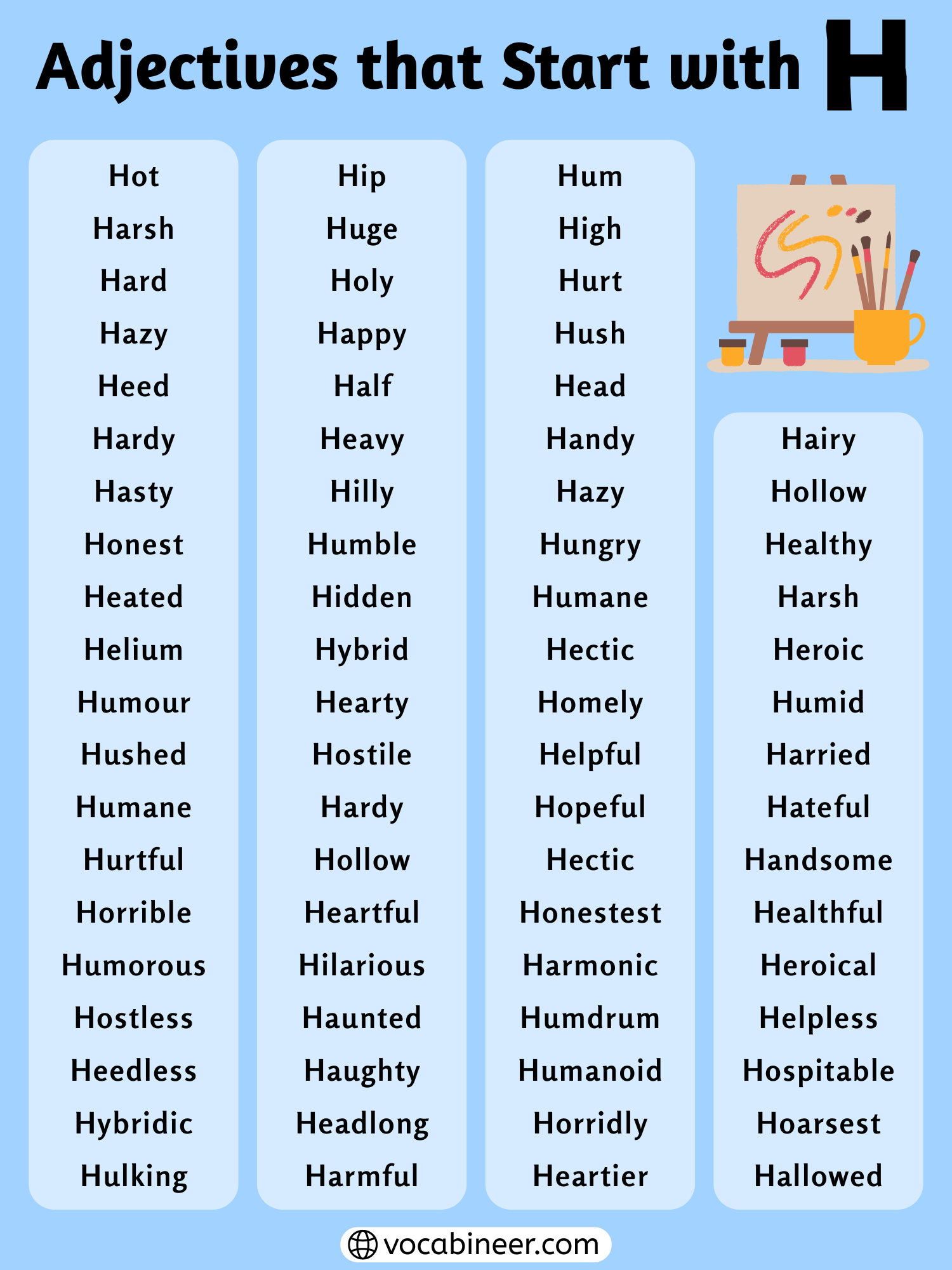 List of 240 plus adjectives that start with H in English shown in a grouped vocabulary chart with common and positive H adjectives