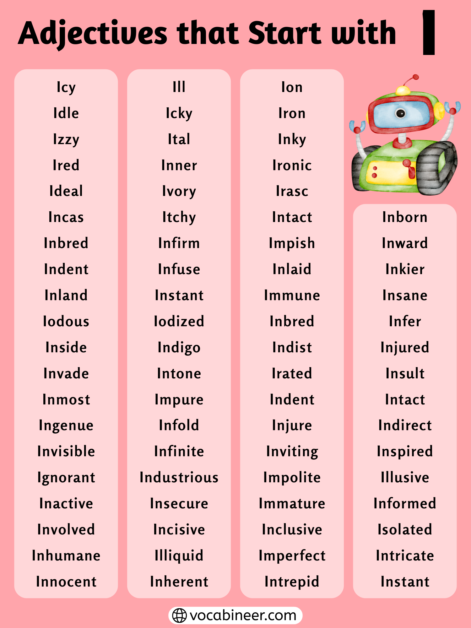 Adjectives that begin with I complete word list shown in a grouped vocabulary chart with common and positive I adjectives