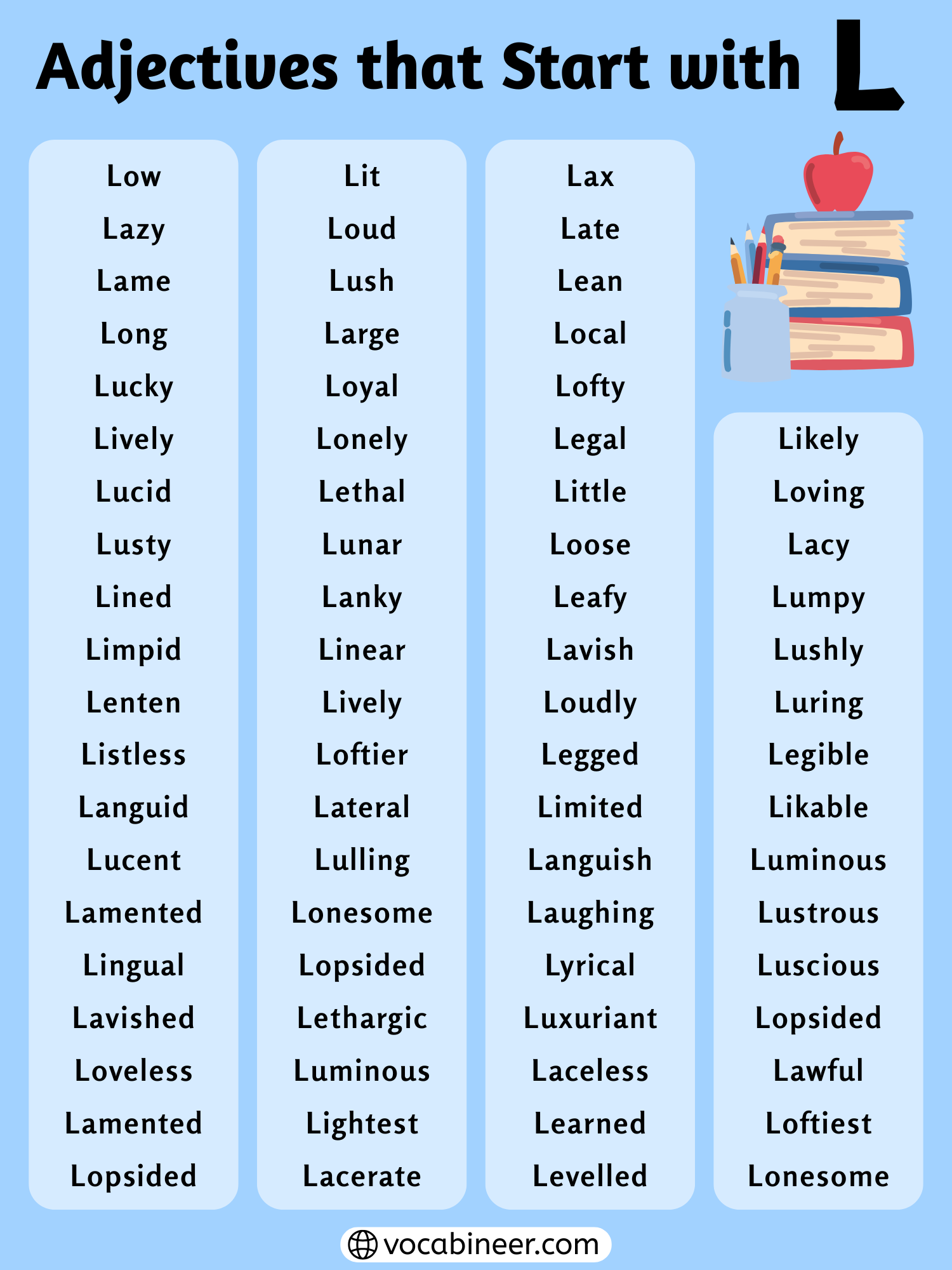 Adjectives that start with L complete list and meanings shown in a grouped vocabulary chart with common and positive L adjectives