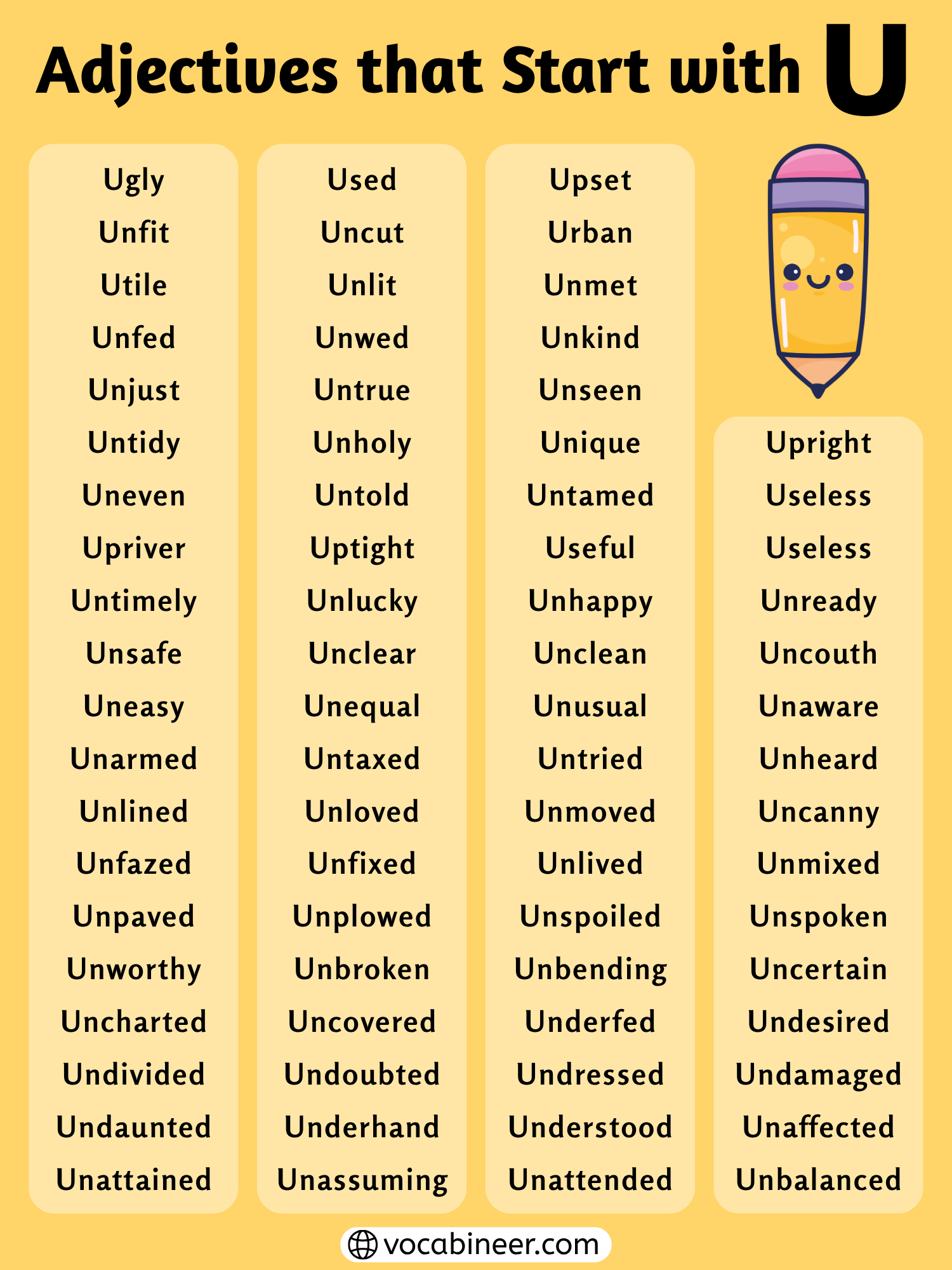 Adjectives that start with U complete list of U words in English