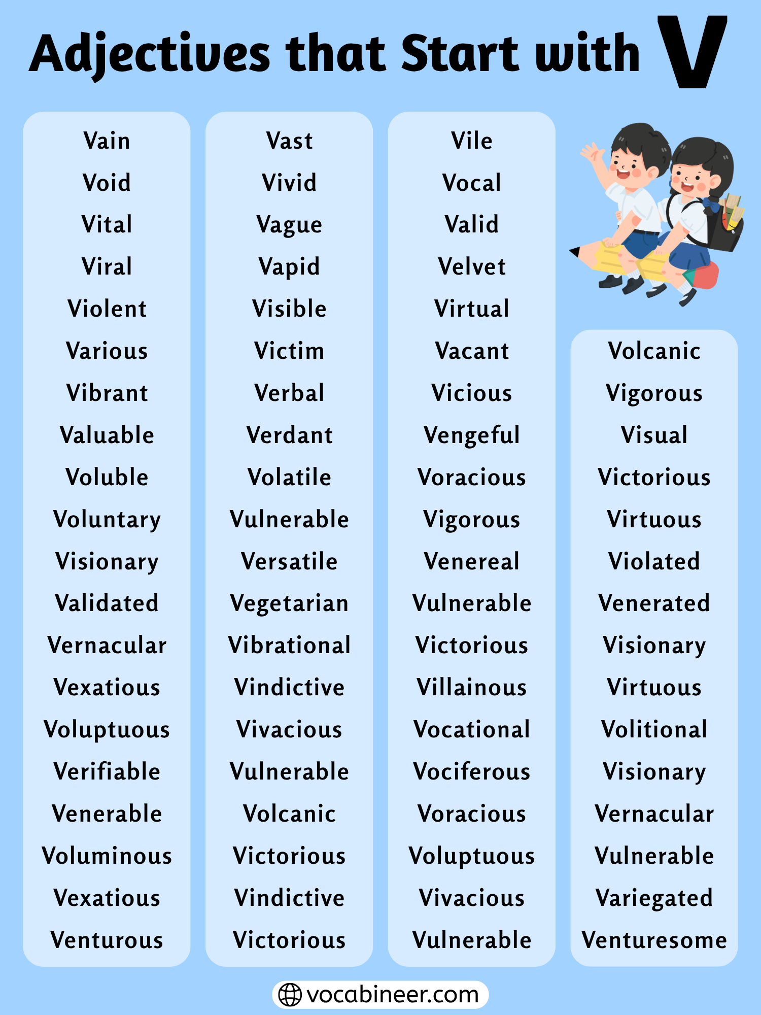 100+ adjectives that start with V in English with meanings