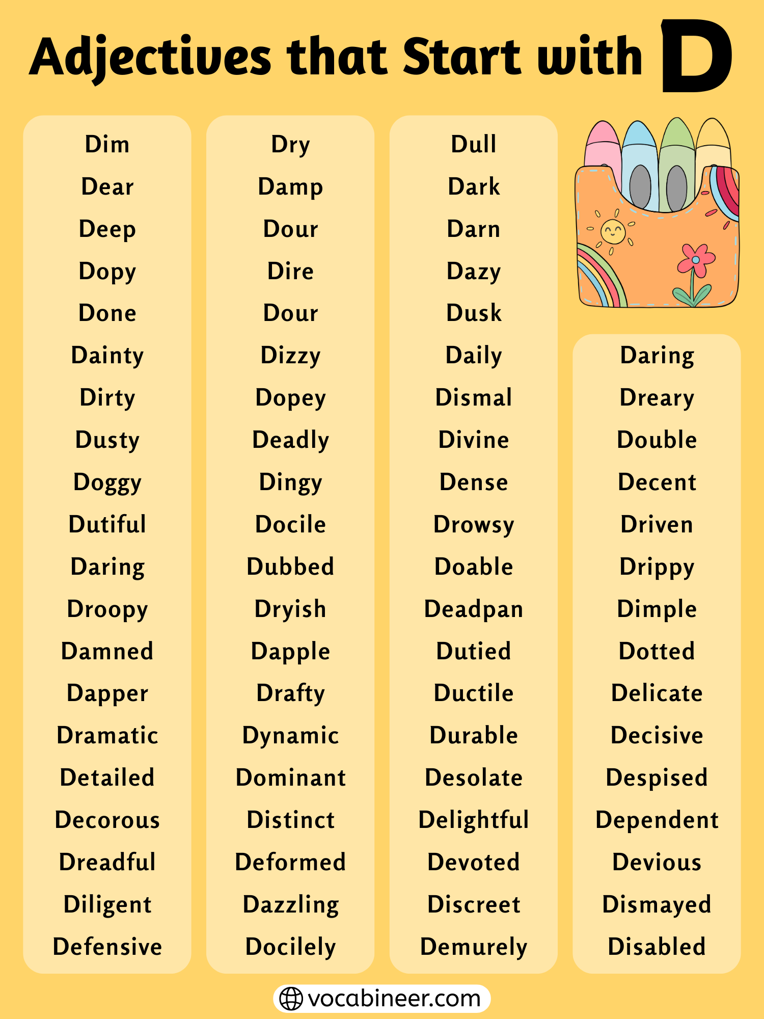 List of adjectives that start with D in English shown in a grouped vocabulary chart with common and positive D adjectives