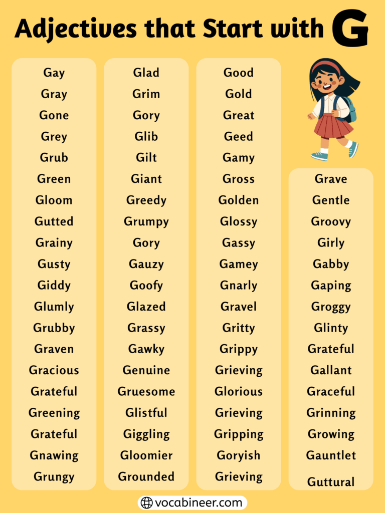 222 adjectives that start with G complete list and meanings shown in a grouped vocabulary chart with common and positive G adjectives