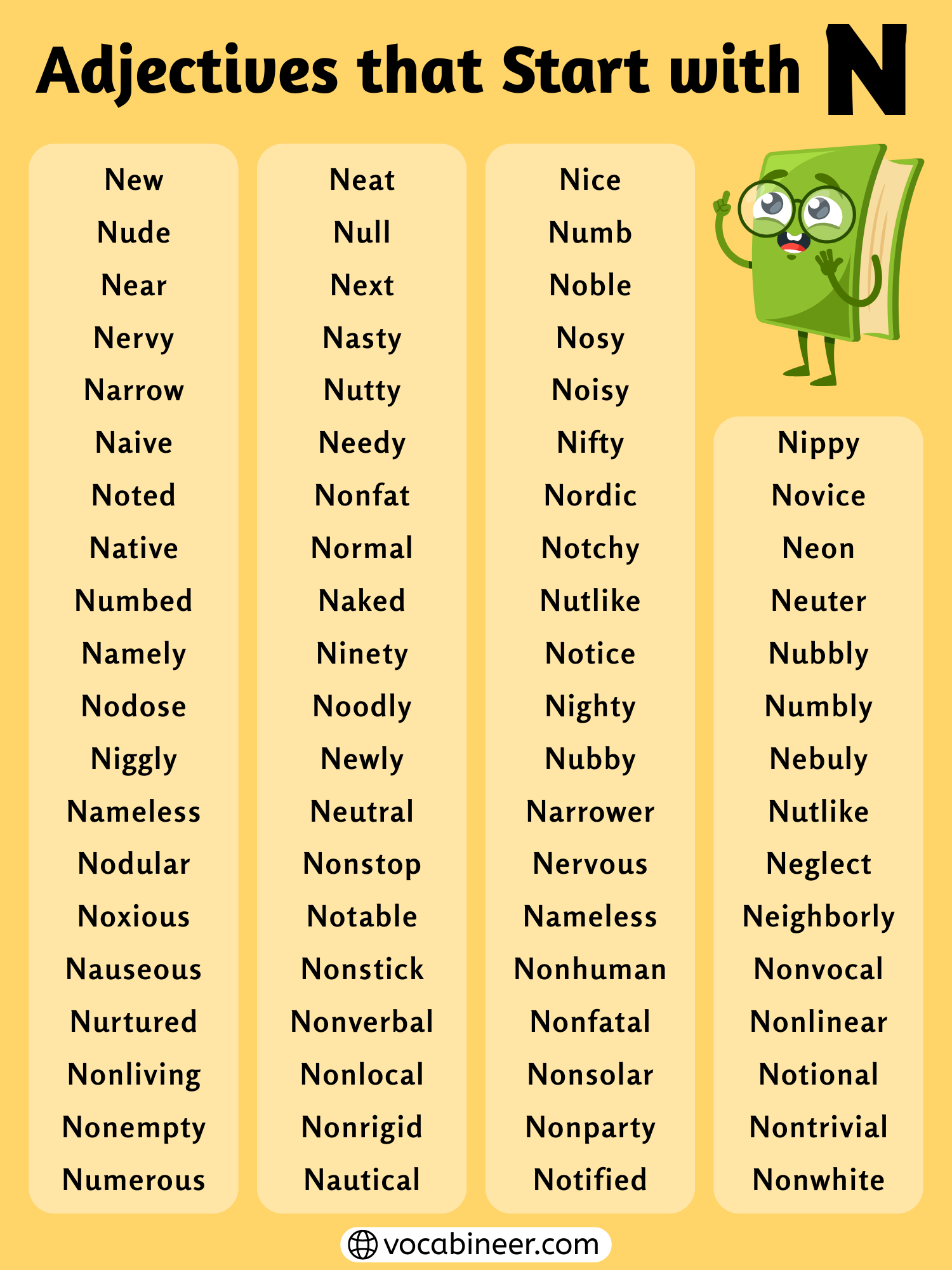 This image presents a list of adjectives starting with N in English in a clear visual layout. It helps readers learn common, positive, negative, and descriptive N adjectives more easily, so the words become quicker to scan, remember, and use in writing, speaking, and daily English. It supports search intent for users looking for a complete N adjectives list in English with simple word learning and organized vocabulary support.
