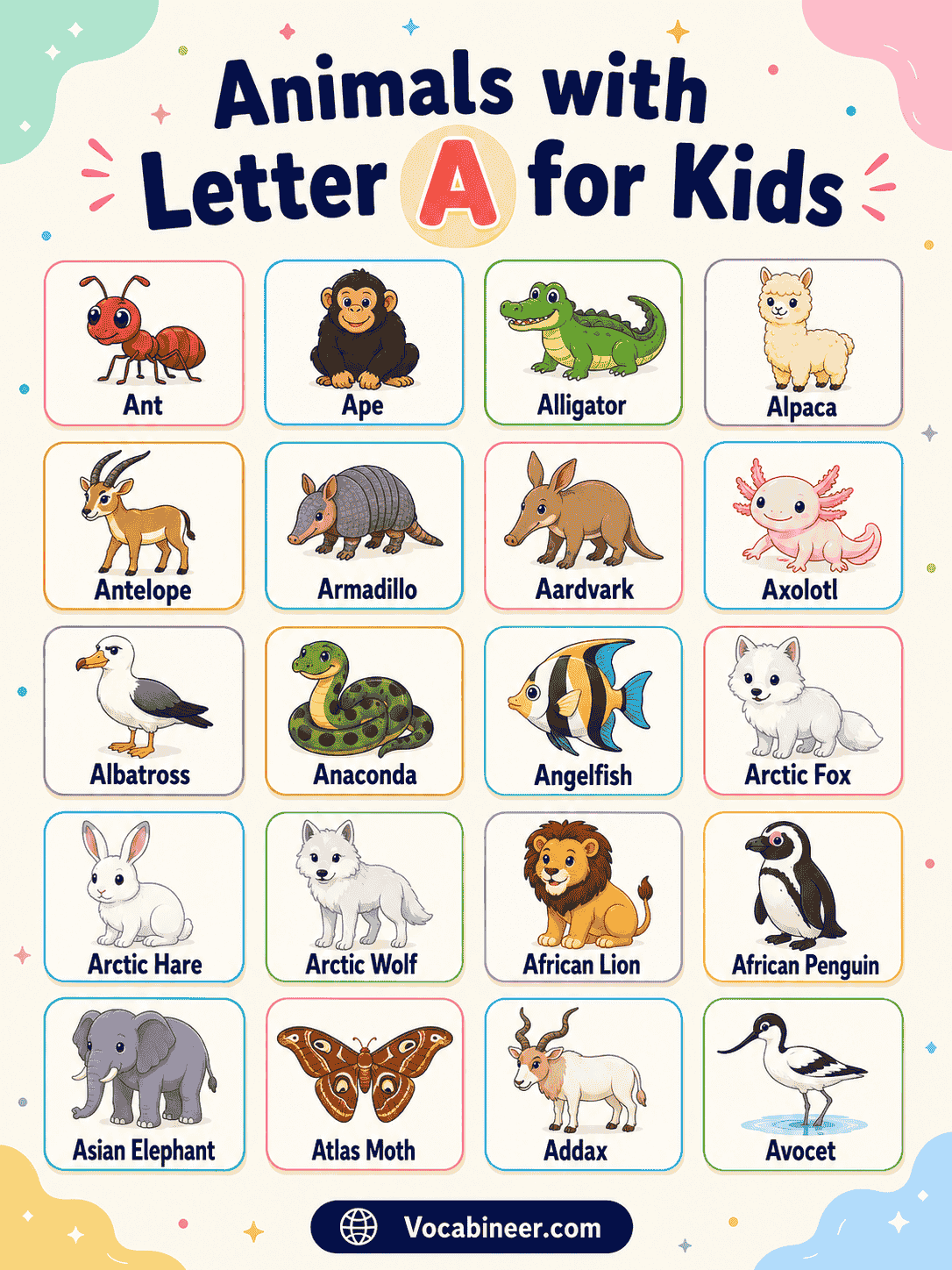 Animals starting with A for kids in English, including ant, ape, alligator, alpaca, armadillo, anteater, and arctic fox.