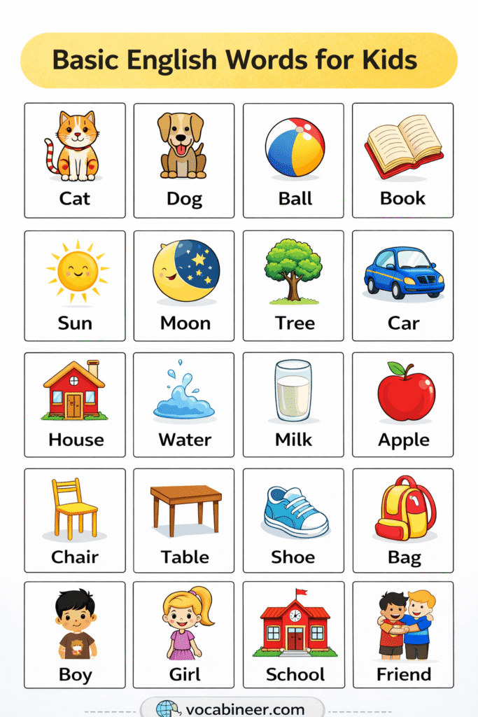 Basic English Words for Kindergarten with Pictures