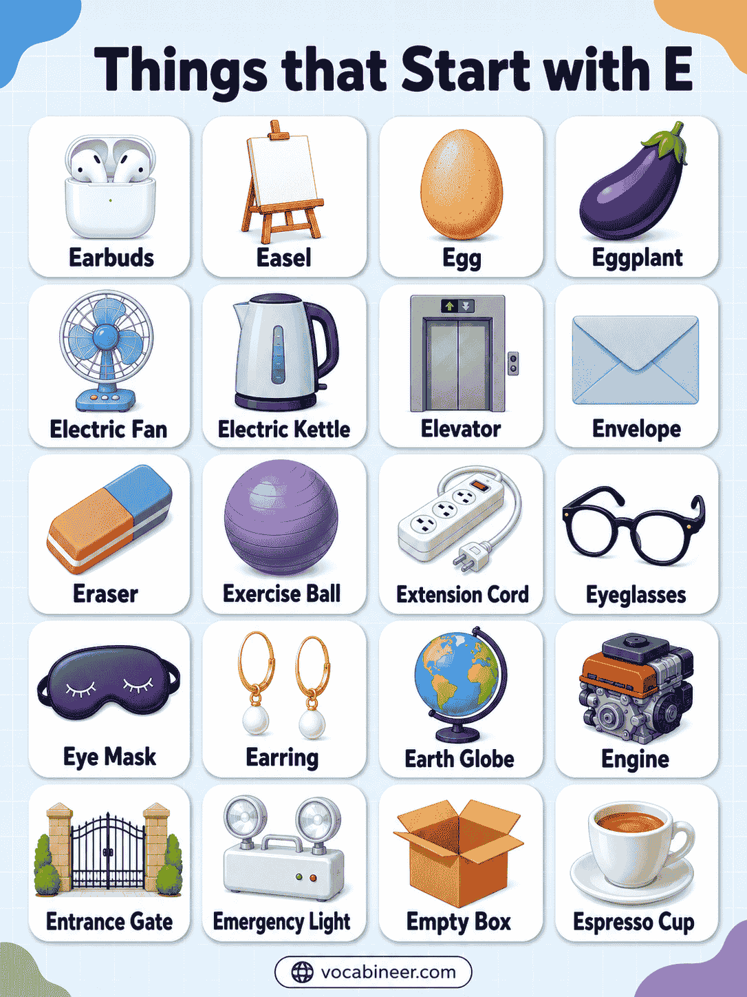 Common Things Starting with Letter E Chart