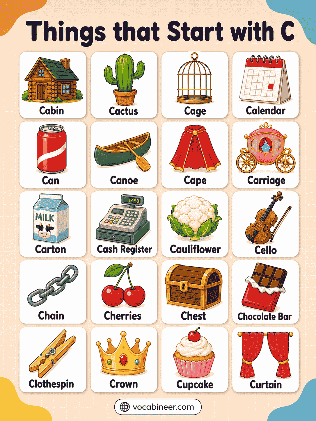 Common Things That Start with Letter C in English with Pictures