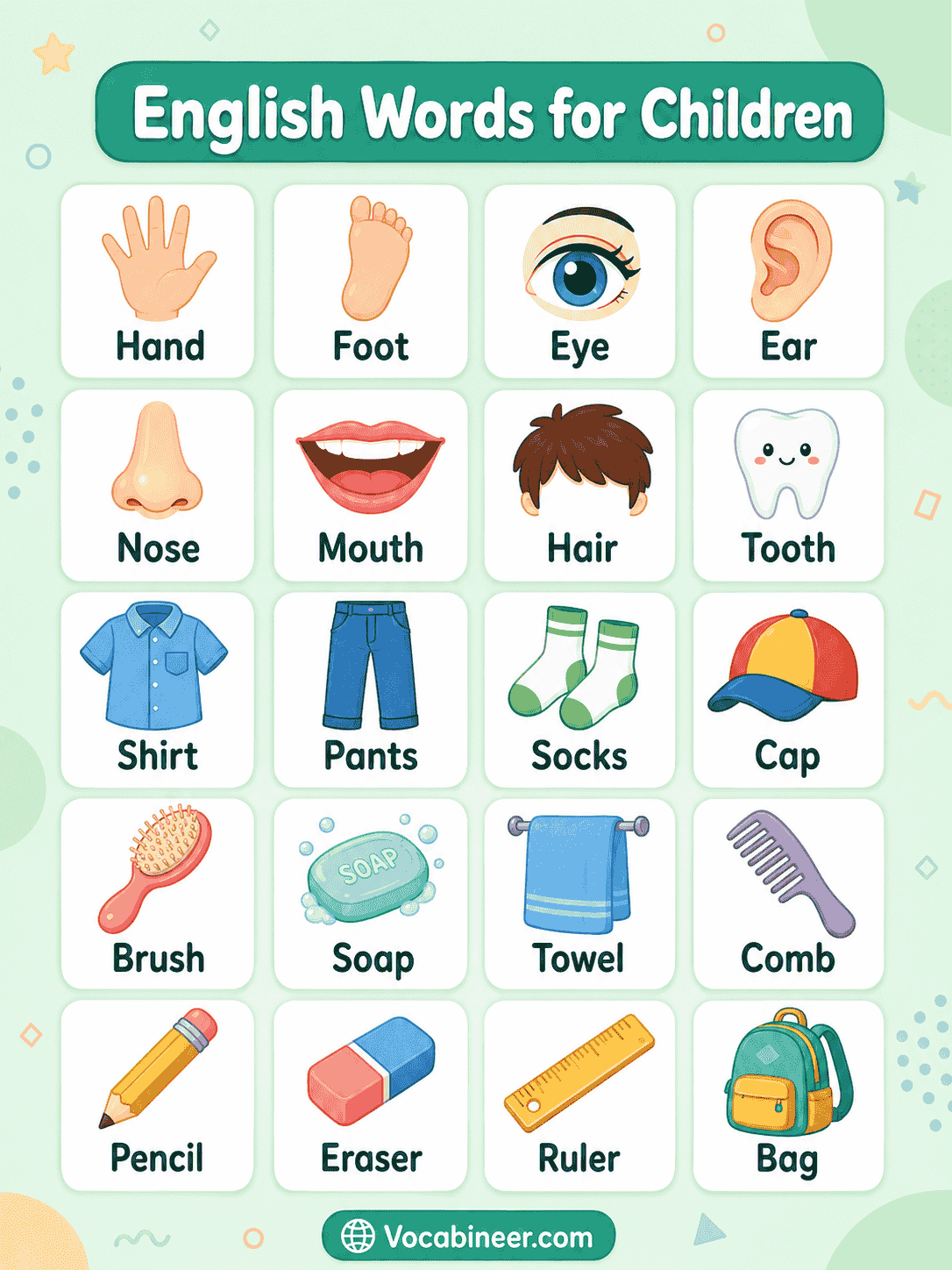 A colorful kids vocabulary chart showing daily use English words for children, including home, school, family, food, clothes, toys, animals, colors, body parts, and action words.