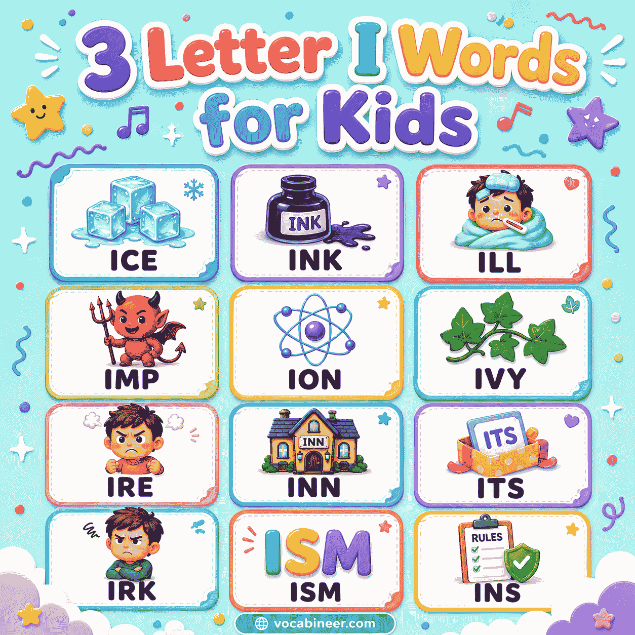 A kid-friendly picture chart of 3 letter words starting with I, featuring easy words like ice, ink, ill, inn, and imp.