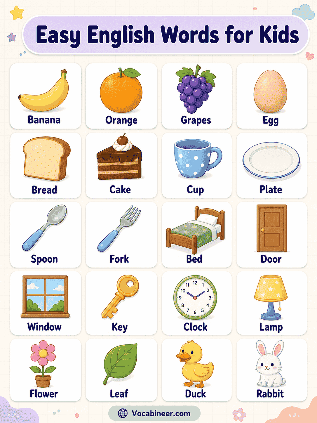 A colorful kids vocabulary chart showing easy English words for kids with pictures, including simple words from home, school, food, animals, colors, body parts, toys, and action words.