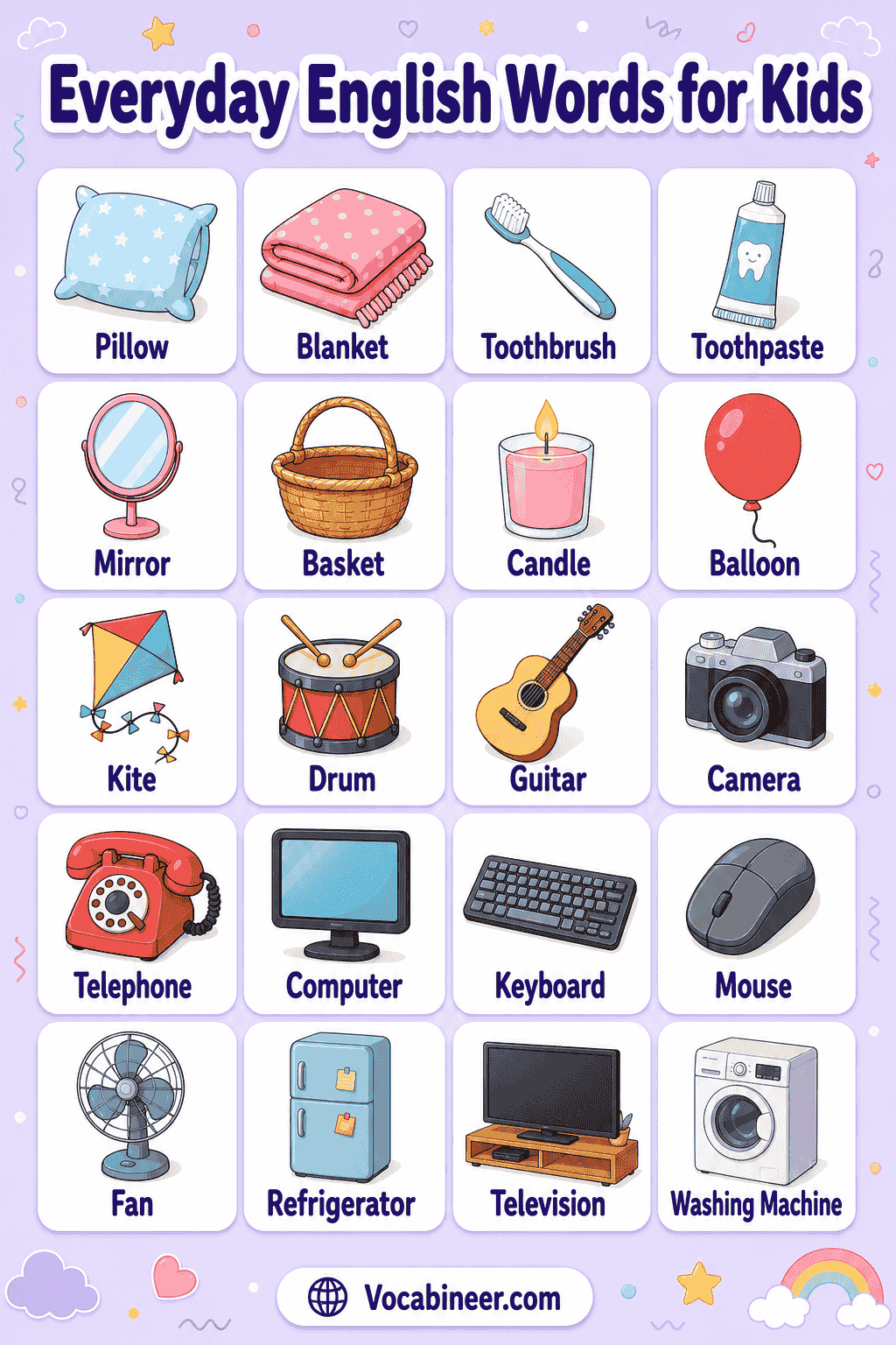 A colorful kids vocabulary chart showing everyday English words for kids with pictures, including simple words from home, school, food, animals, toys, colors, body parts, and action words.