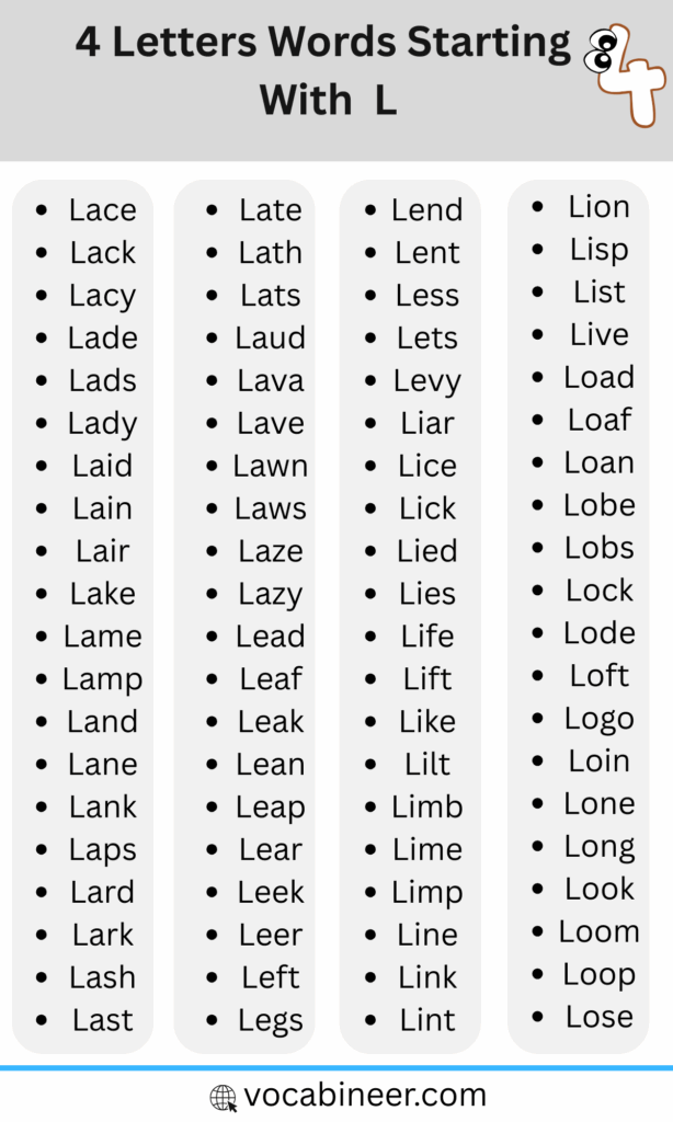 List of 140 Four Letter Words that Start with L in English