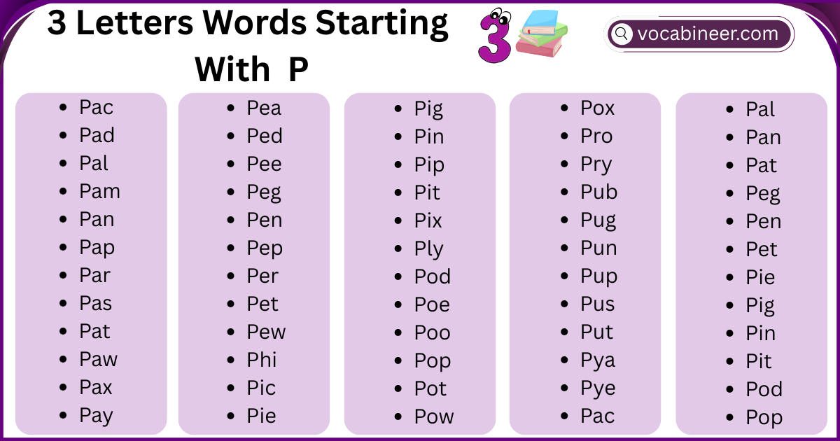 3 Letter Words That Start with P | 180+ Easy P Words List