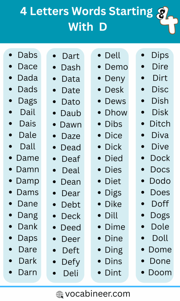 List of 4 Letter D Words with their Meanings in English