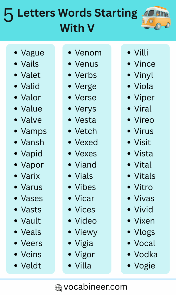 List of 5 Letter Words That Start with V in English