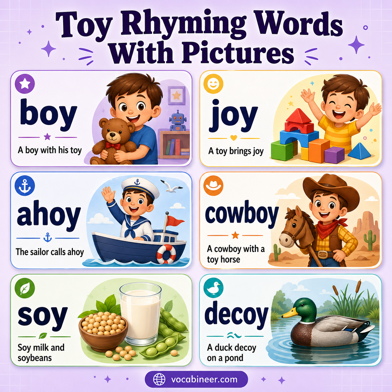Children's rhyme words for toy including boy, joy, coy, soy, and enjoy.
