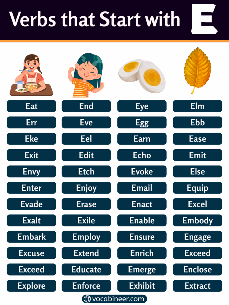 Verbs that start with E in a complete list with meanings and examples