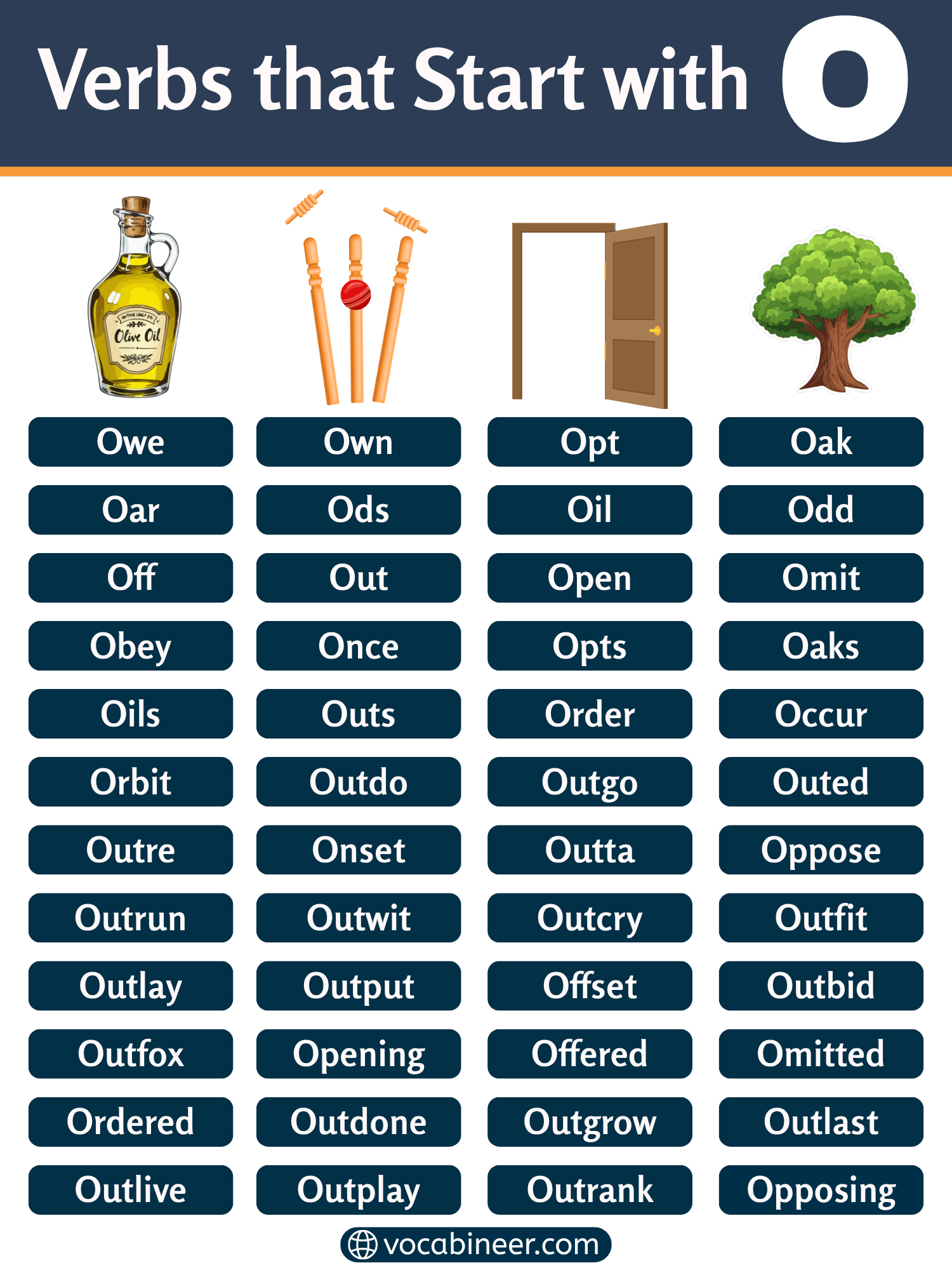Verbs that start with O in a full list with meanings and examples