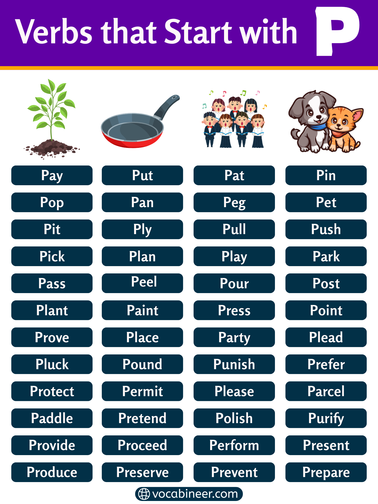 Verbs that start with P with meanings, examples, and a complete list