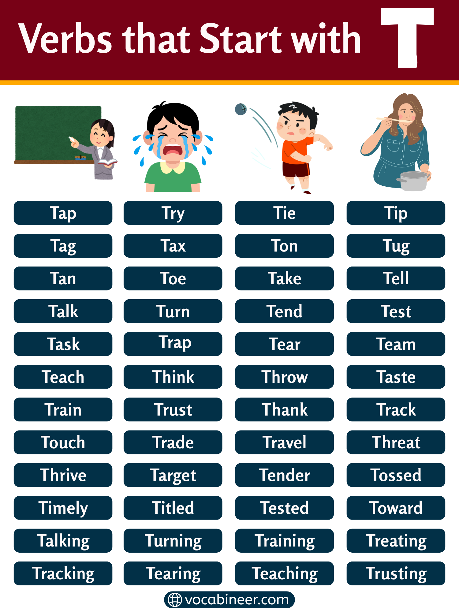 Verbs That Start With T with Meanings and Examples