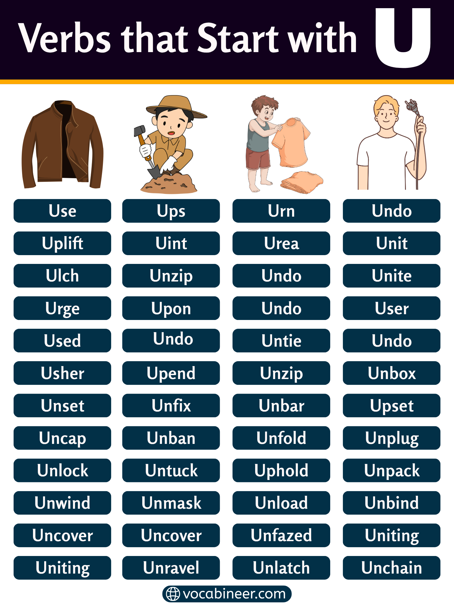Verbs that start with U in a full list with meanings and examples