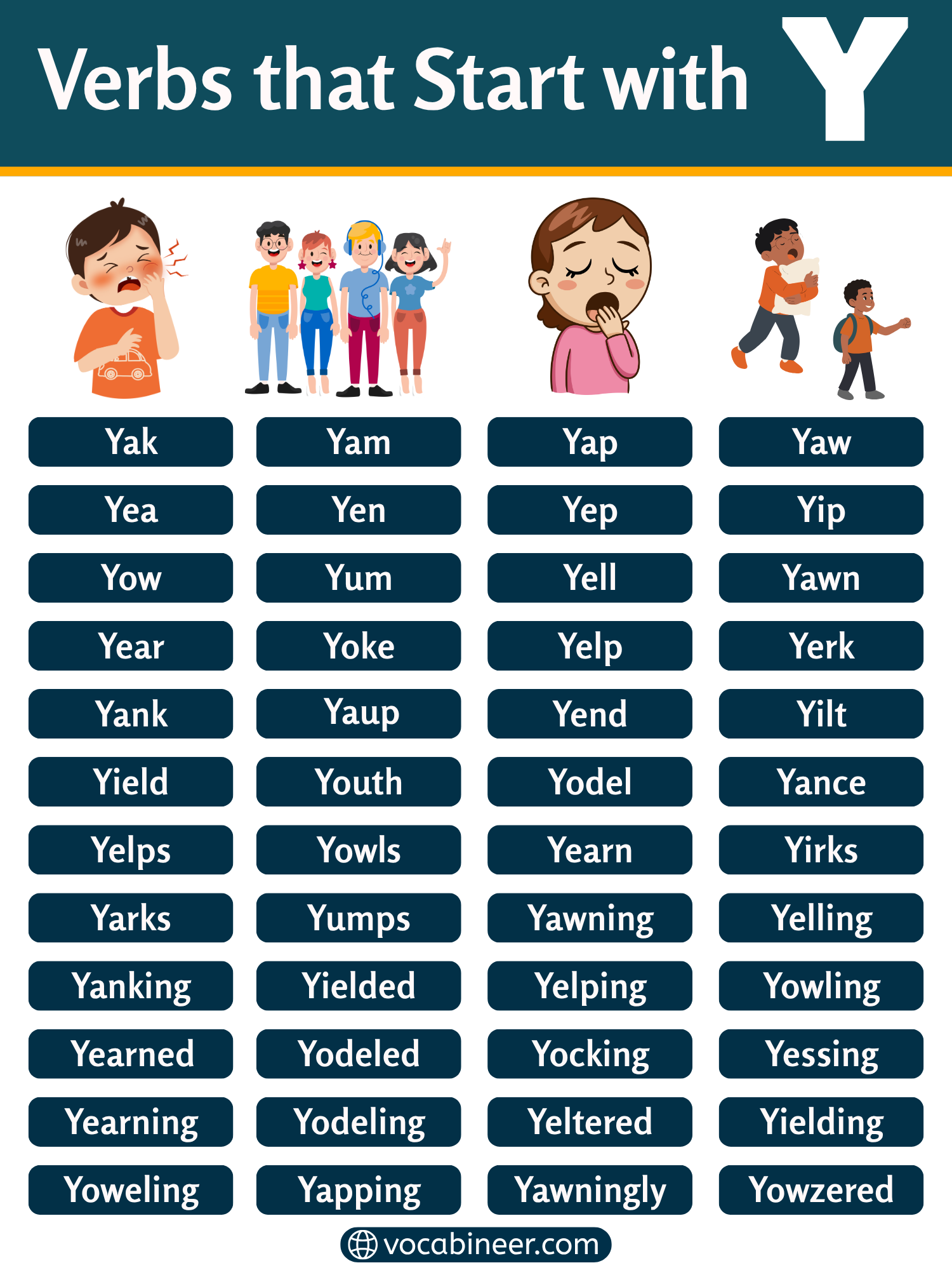 Verbs That Start With Y with Meanings and Examples