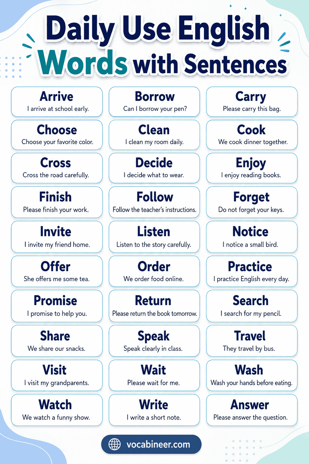 Common English vocabulary words with simple sentences.