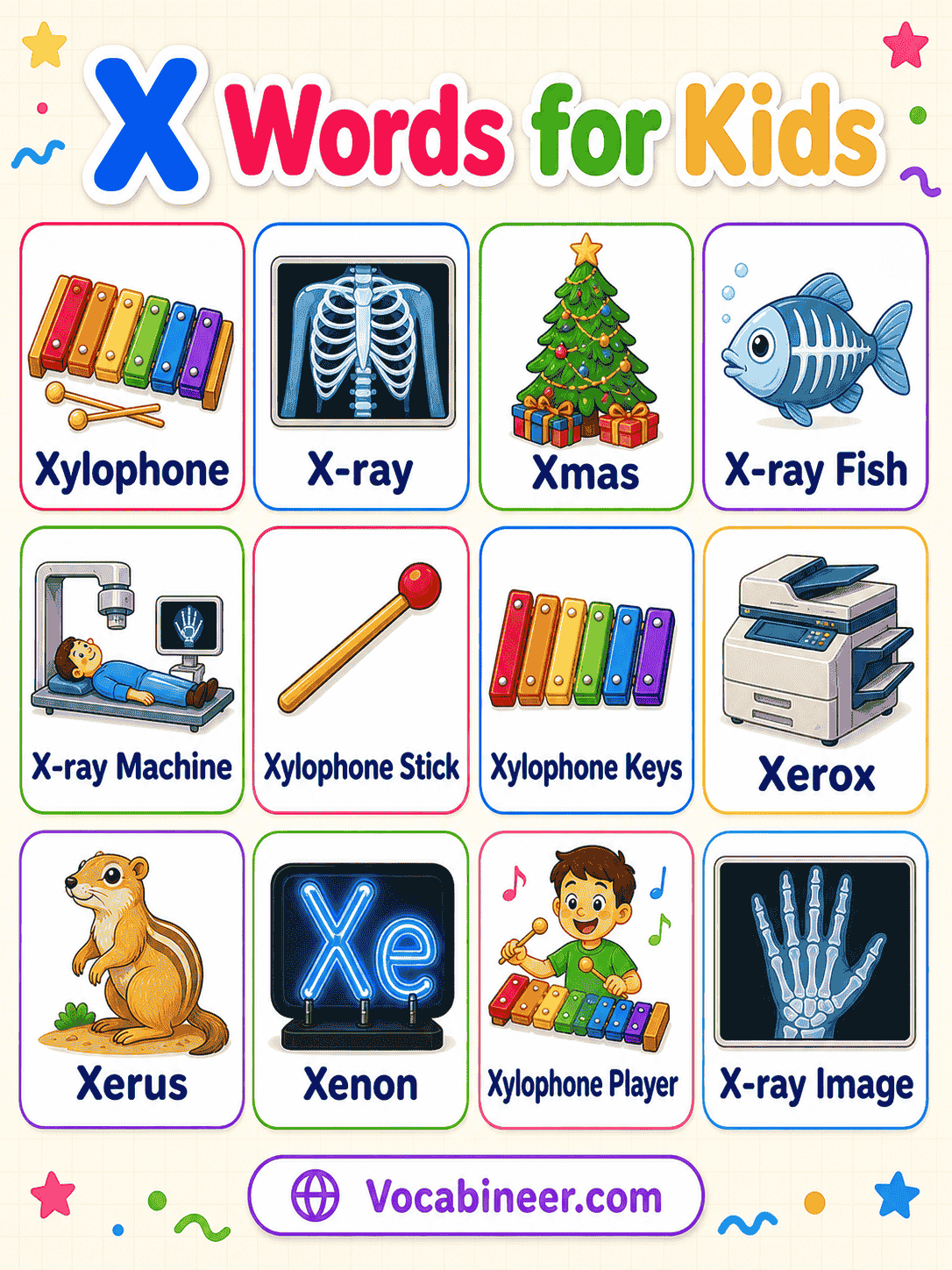 Easy X words for kids with pictures, including xylophone, x-ray, xerus, x-ray fish, and Xmas tree.