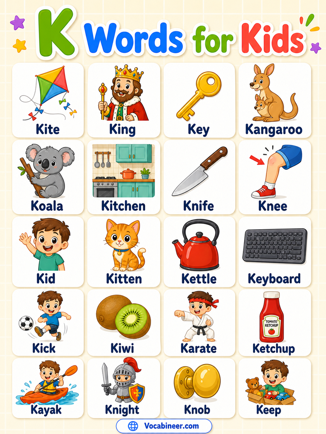 K letter words for kids with pictures, including kite, king, key, kangaroo, kitten, kiwi, kitchen, kettle, and koala.