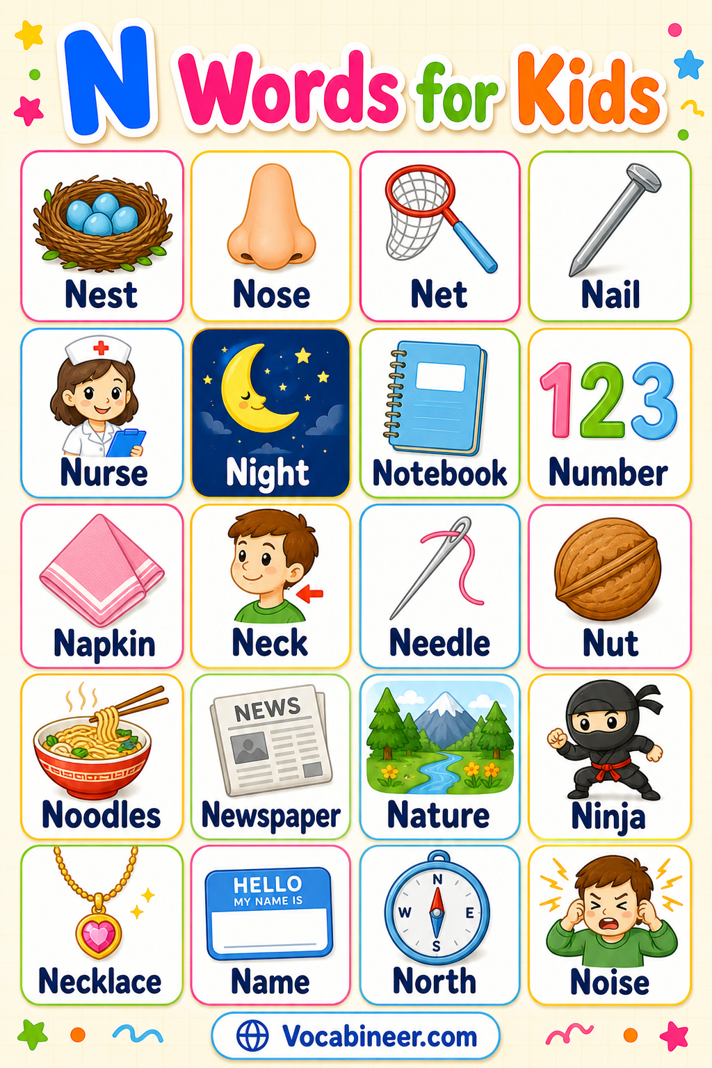 N words list for kids with pictures, including nest, nose, net, nurse, notebook, needle, necklace, night, nail, and numbers.