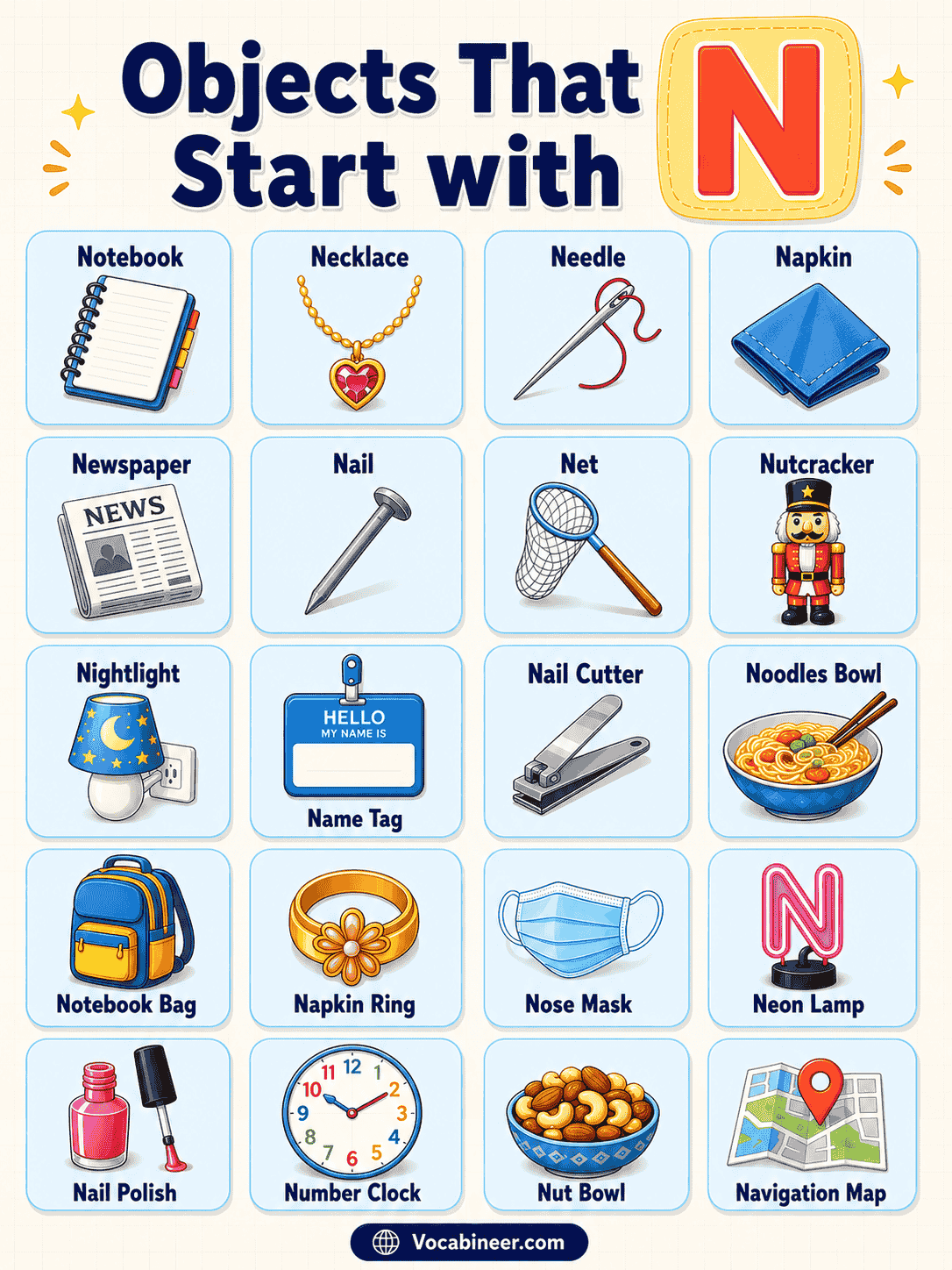 Objects with letter N for kids with pictures, including nest, net, notebook, needle, necklace, nail, napkin, and noodles.