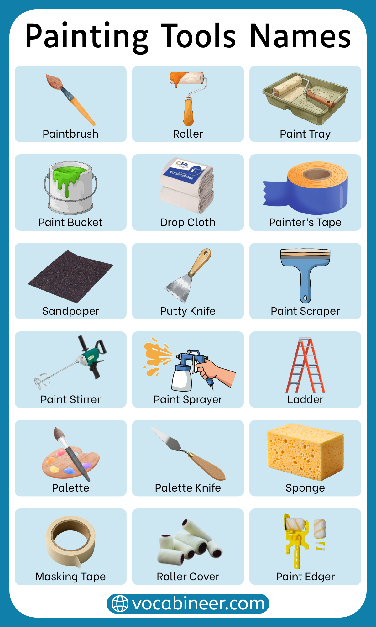 Painting Tools Names in English with their Pictures, image size:1200x2000