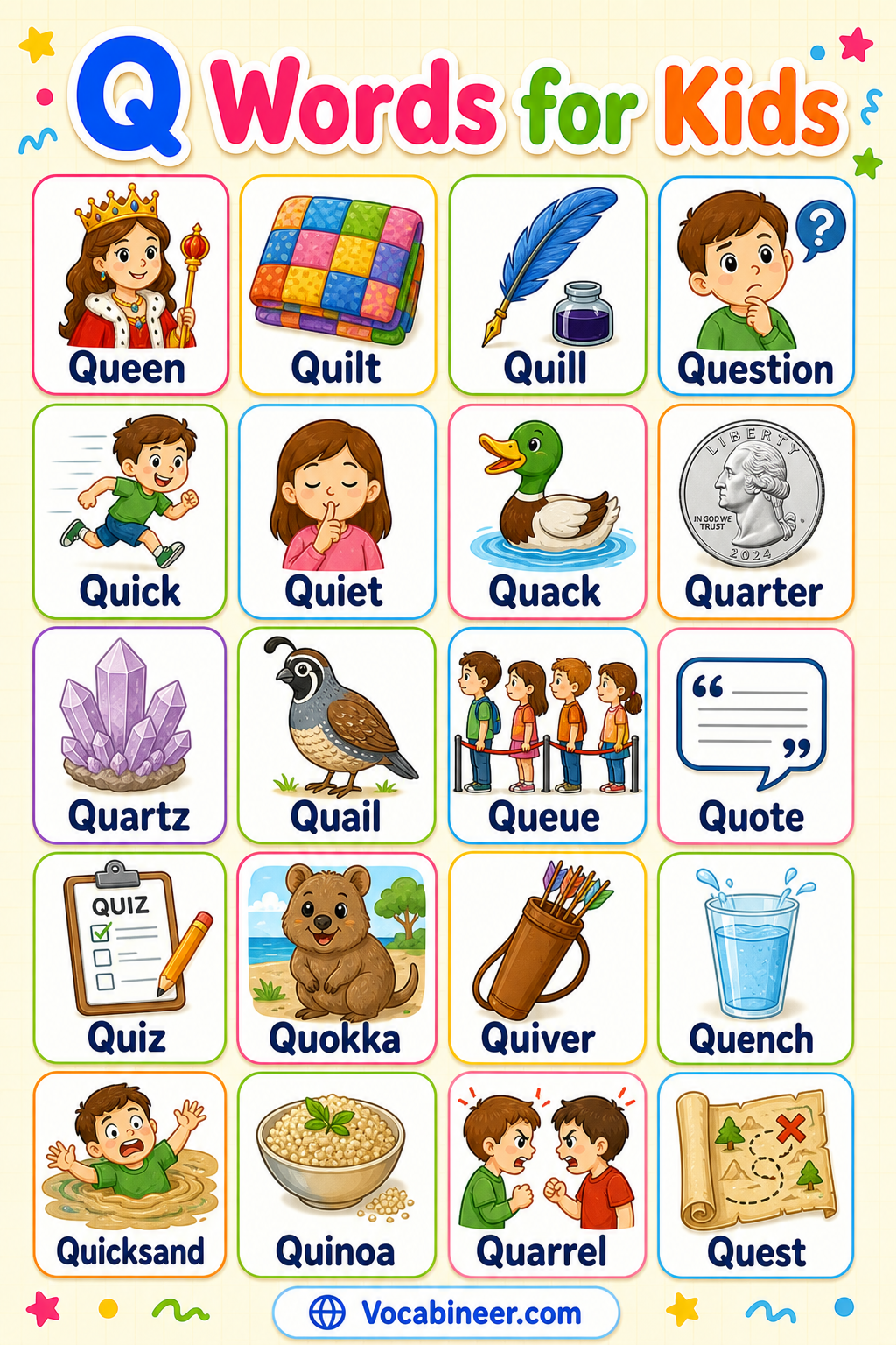 Q words for kids in English with pictures, including queen, quail, quilt, question, quarter, quill, quiet, and quiz.