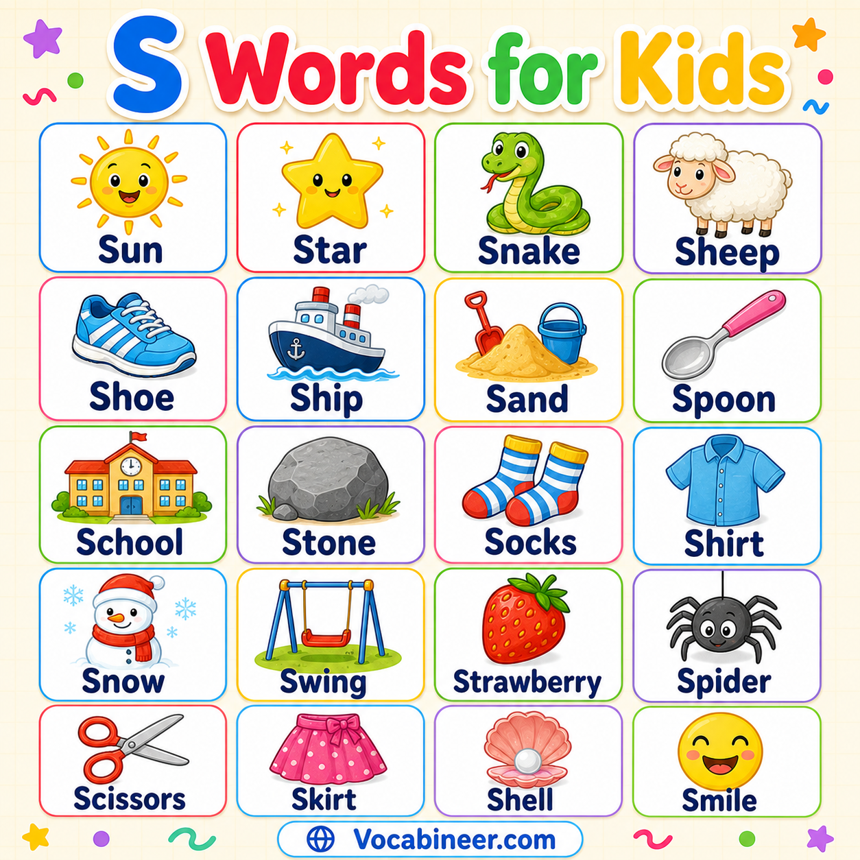 S words for kids with pictures and meanings, including sun, star, snake, spoon, school, sock, ship, strawberry, and sheep.