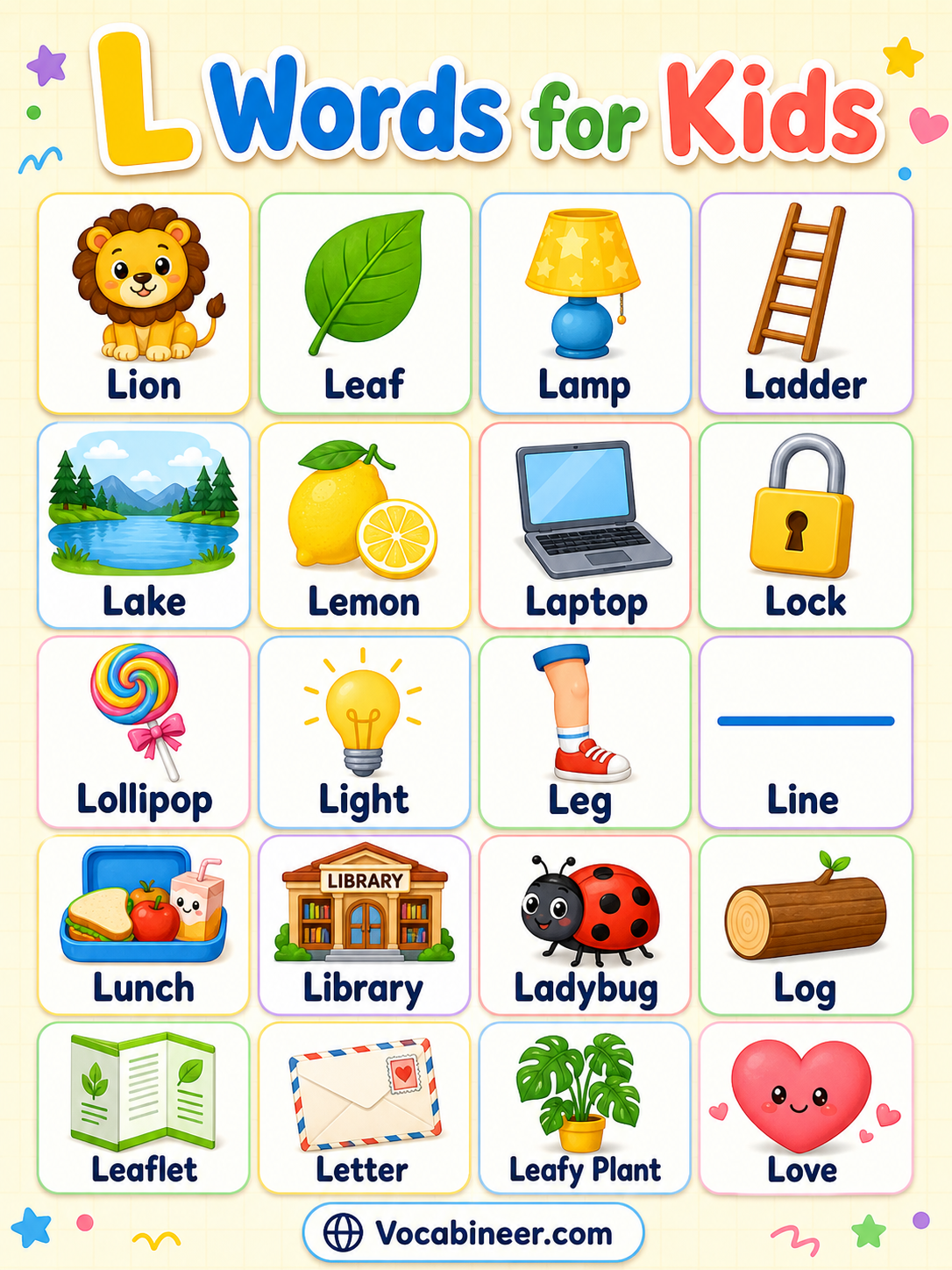 Simple L words for kids with pictures, including lion, leaf, lamp, lemon, ladder, lion, lizard, leaf, and lock.