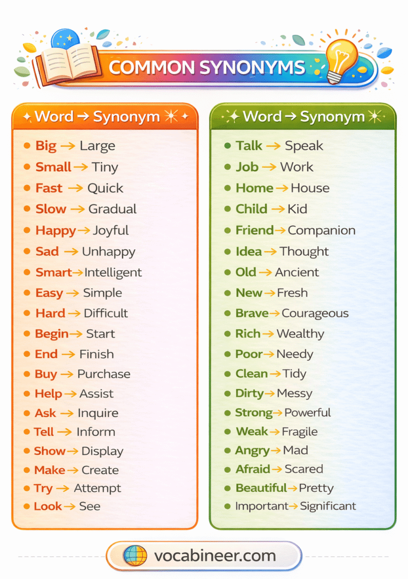 Synonyms Words in English with Meanings and Examples