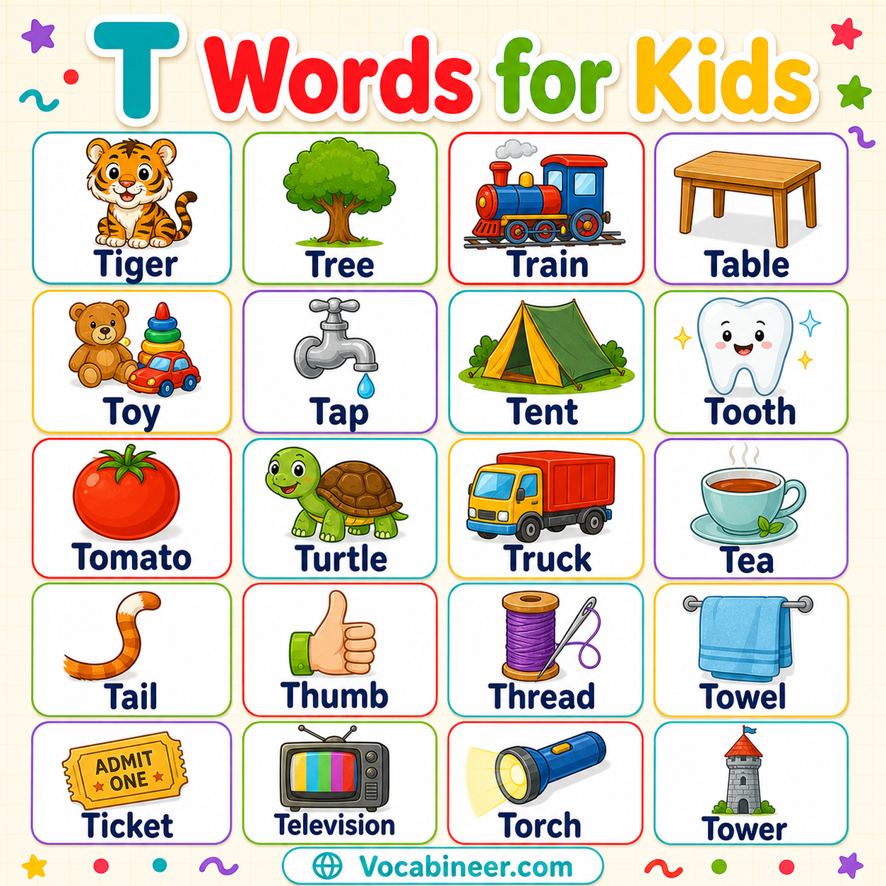 T vocabulary words for kids with pictures, including tiger, tree, train, turtle, tomato, table, telephone, teddy bear, and truck.
