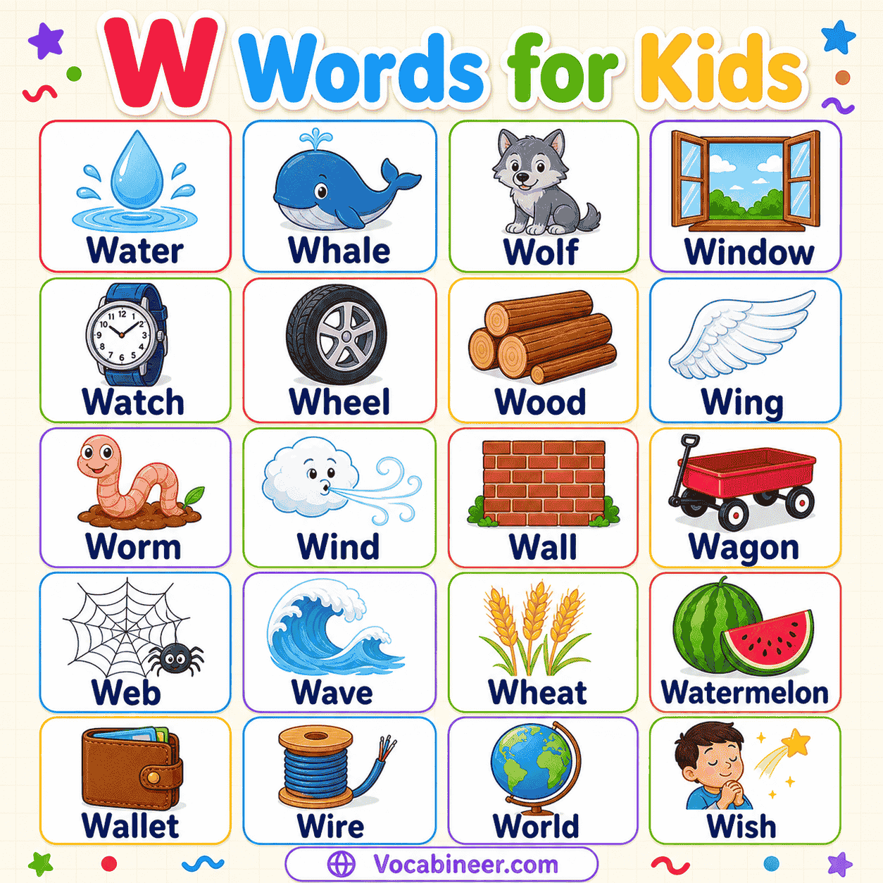 W vocabulary words for kids with pictures, including watermelon, watch, whale, window, wolf, wagon, worm, and wheel.