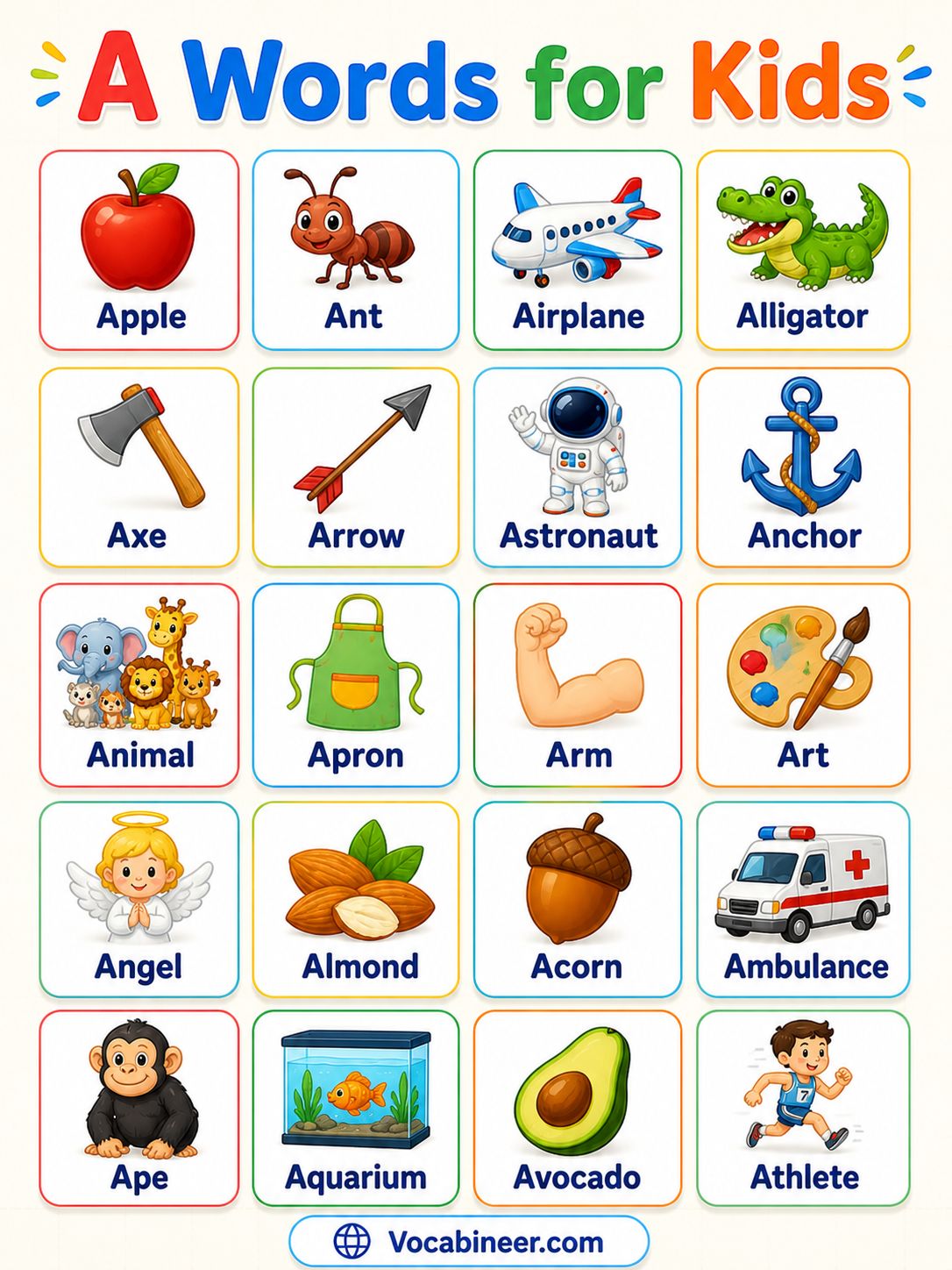 Words starting with A for kids with pictures, including apple, ant, alligator, airplane, arrow, anchor, apron, acorn, and astronaut.
