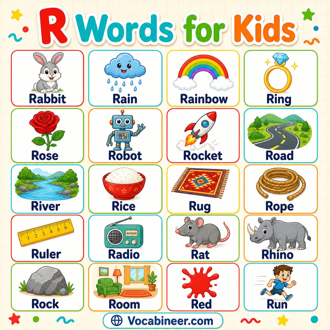Words starting with R for kids with pictures, including rabbit, rainbow, रेड? Wait no non-English. Let's correct. including rabbit, rainbow, robot, rose, ring, road, rocket, ruler, and rain.