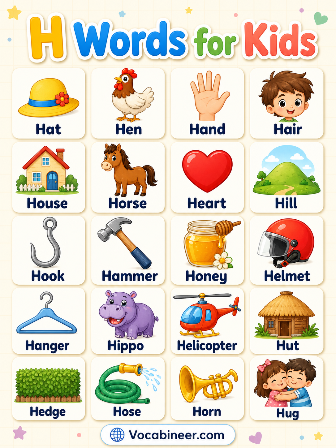 Words that start with H for kids with pictures, including hat, hen, horse, house, heart, hand, hammer, helicopter, hippo, and honey.