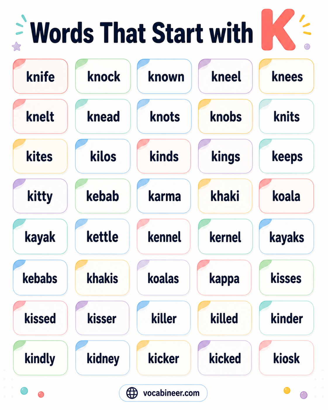 Words that start with K showing a 540 common English words list, including key, king, kite, kind, keep, kitchen, knowledge, keyboard, kitten, and kangaroo.