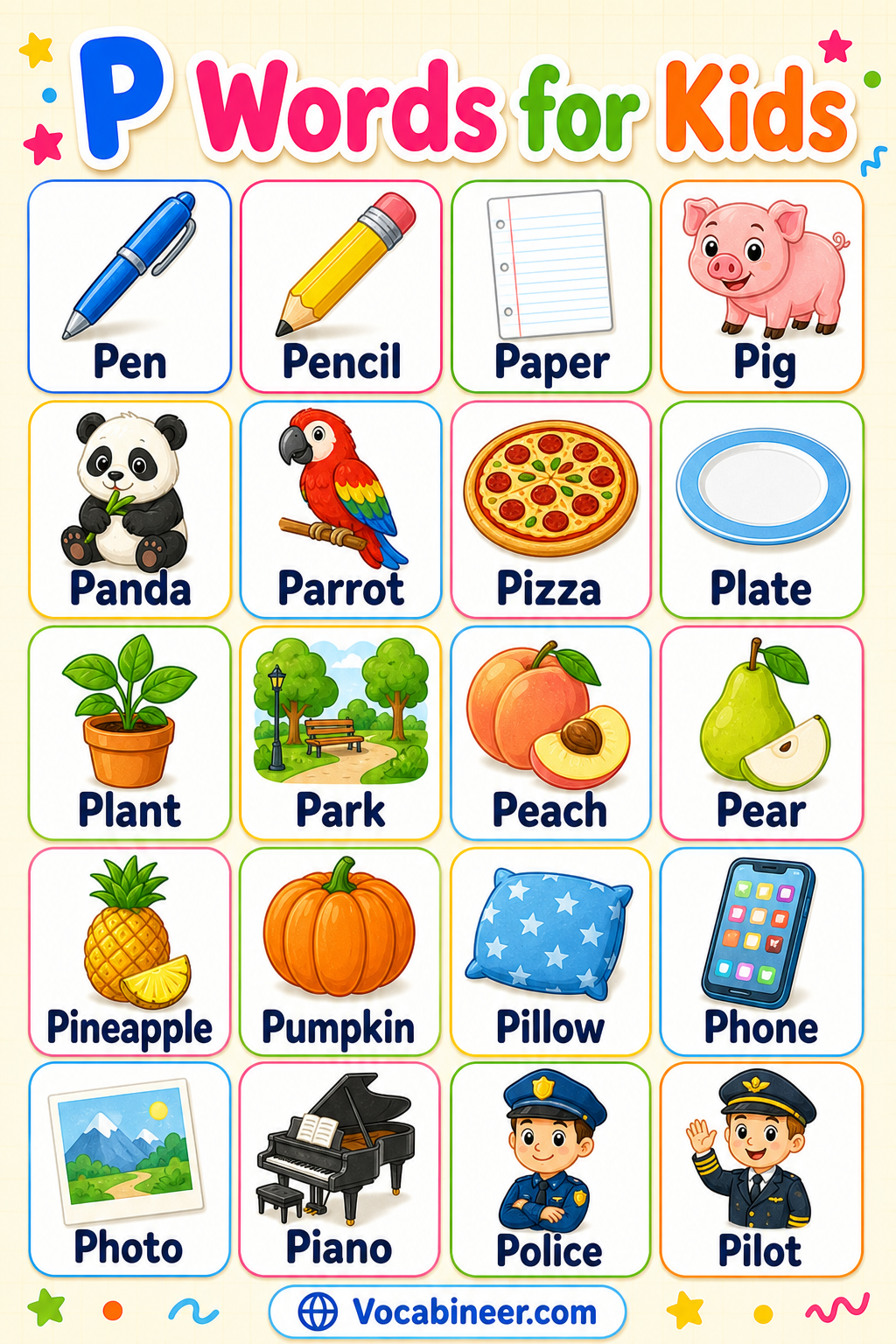 Words that start with P for kids with pictures, including pig, pen, parrot, pizza, pineapple, panda, pumpkin, pencil, and plane.