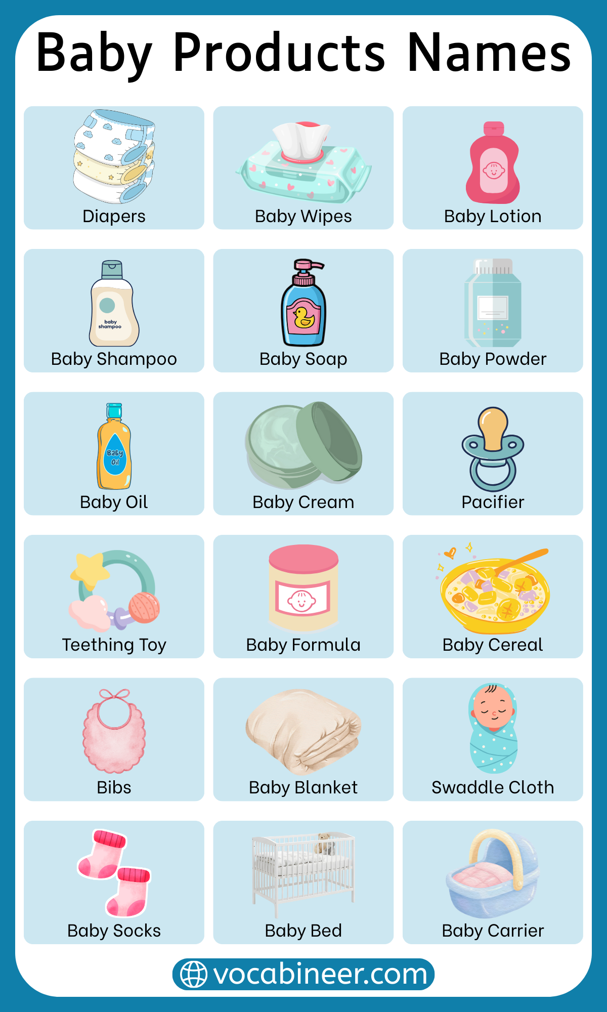 Complete list of baby products names with pictures including feeding items, baby care products, clothing accessories, toys, and nursery essentials
