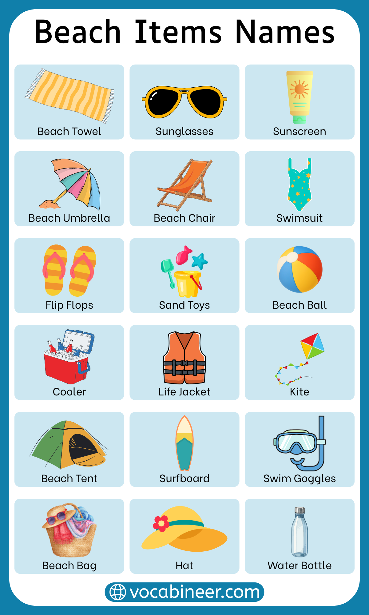 30+ beach items names in English with pictures including towel, umbrella, sunscreen, beach ball, chair, cooler, and flip-flops