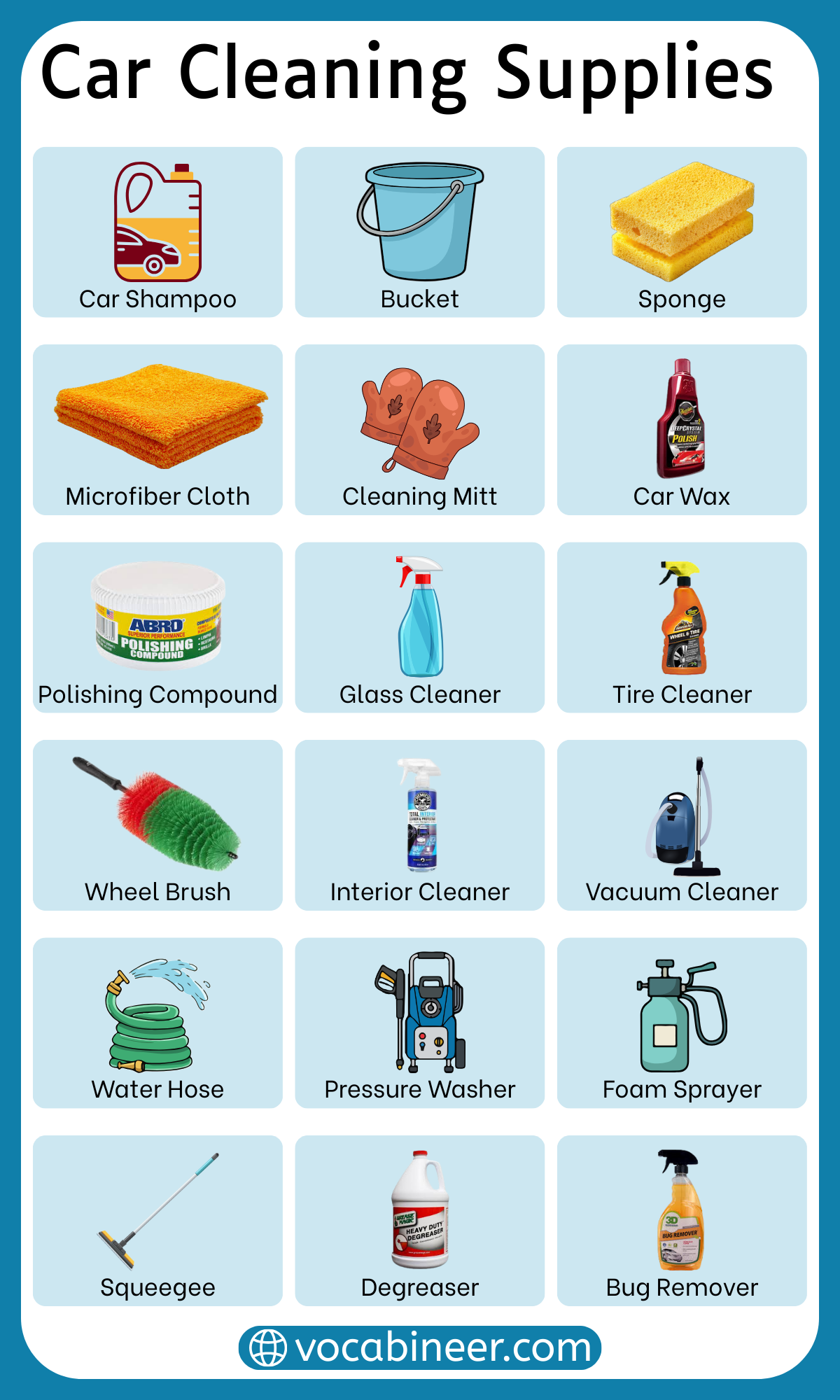 Complete list of car cleaning tools and supplies names in English with pictures including interior cleaners, detailing tools, wheel care products, and accessories