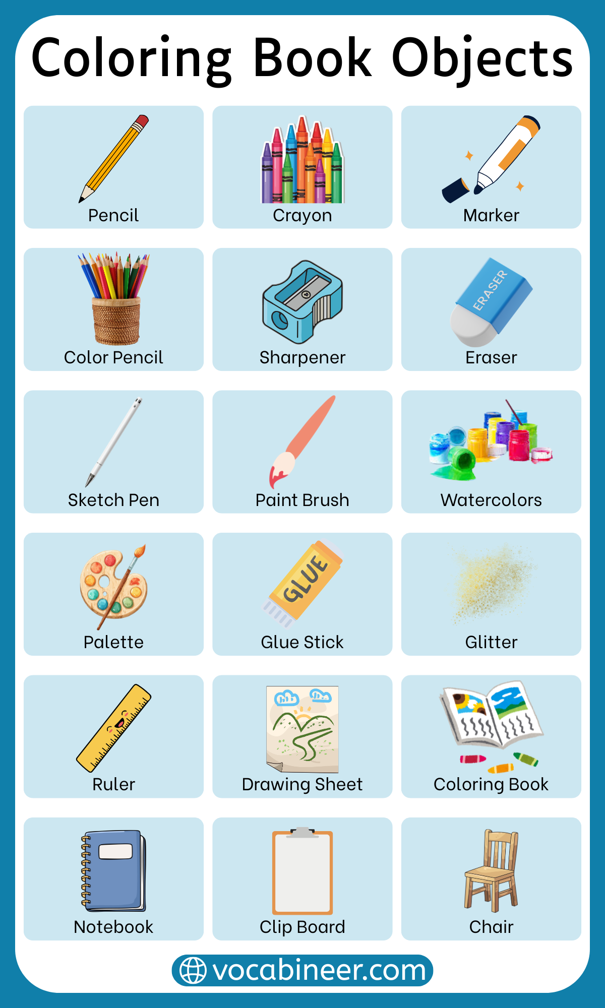 200+ coloring book objects names for kids with pictures including toys, school items, household objects, food items, tools, and vehicles