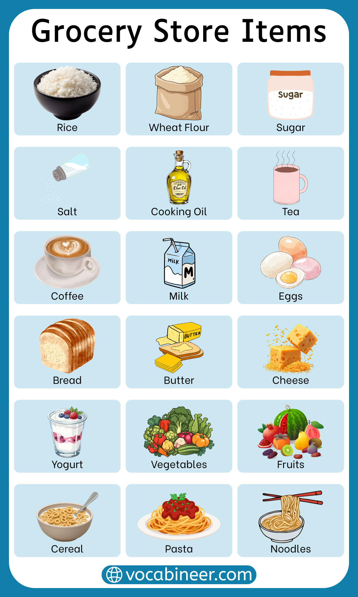 Complete list of grocery items in English with pictures including food items, kitchen supplies, fruits, vegetables, dairy products, and household groceries