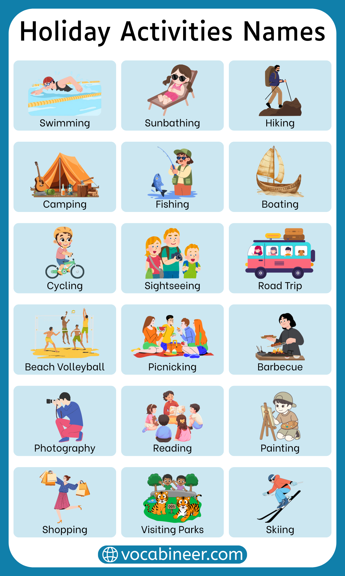 Common holiday activities in English with pictures including swimming, camping, picnicking, sightseeing, hiking, cycling, reading, and playing games